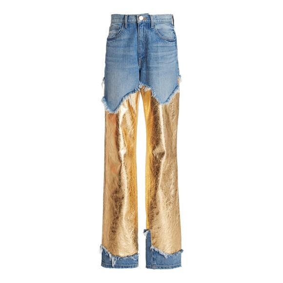 Brandon Maxwell 'The Cortlandt' Blue Cotton Paneled Metallic Leather Straight - Picture 1 of 5